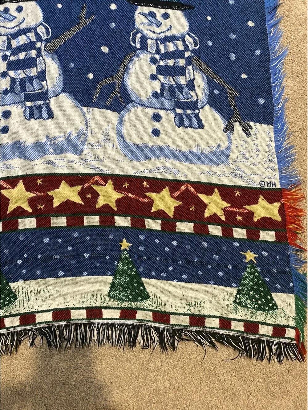 VTG Holiday Tapestry Throw Blanket - Snowmen Stars Christmas Trees - Mohawk Home